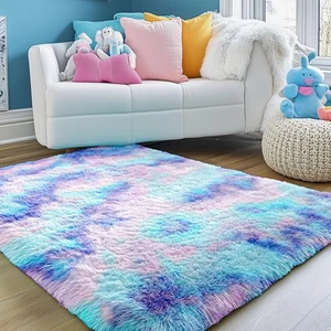 Alfombras arco iris peludas para dormitorio niñas, 2x3 alfombras de tienda peludas moradas suaves para vivir... - Imagen 1 de 7