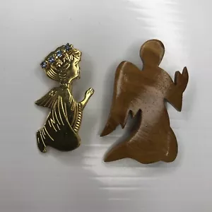 X Lot Vtg Retro Pins Brooches Poly Wood Angel Resin Gold Blue Crystals 60s 70s - Picture 1 of 7