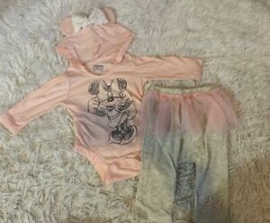 Disney Baby Girl 6-9M Minnie Mouse Outfit Bow Ear Hood Pink Tutu Skirt Pants Set