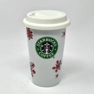 Taza de viaje de vacaciones Starbucks 2010 vaso blanco cerámica rojo copos de nieve con tapa - Imagen 1 de 5