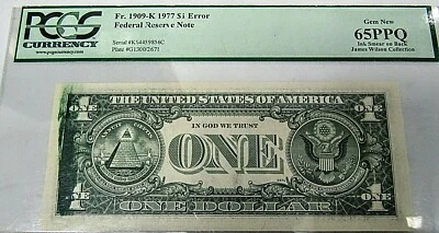 1909-K 1977 $1 Error Federal Reserve Note PCGS 65PPQ - Image 1 of 2