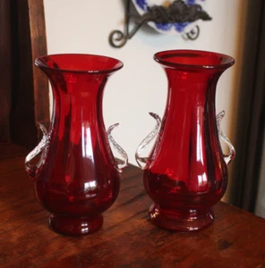Murano Matching Pair of Vintage Ruby Red Double Handle Leaves Art Glass Vases - Picture 1 of 15