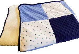 1T !WOW! LN JUST BORN Blue STARS Plush Minky Dot Velour Sherpa baby crib Blanket - Picture 1 of 4