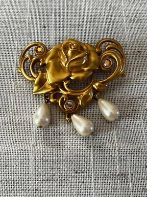 Vintage AVON Gold Tone Rose Flower Brooch Pin Faux Pearls Rhinestone  - Image 1 of 4