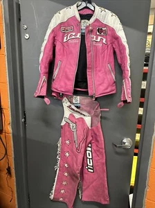 ICON KITTY PINK WHITE LEATHER JACKET& Motor Cycle Chaps WOMENS SIZE S/S - Bild 1 von 24
