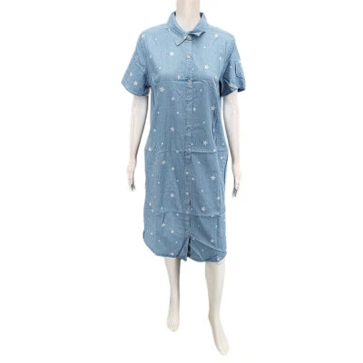 Denim Co Stretch Lyocell Star Print Short Sleeves Shirt Dress Small Size Blue - Image 1 of 4