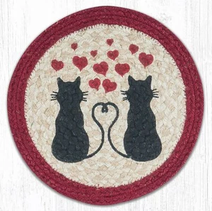 Set of 2 Braided Jute Round Placemat/Trivet/Swatch. LOVE CATS. Earth Rugs.10" - Picture 1 of 1