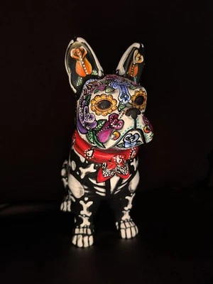 Bulldog Francés Boston Tarro/Urna Estatua Día de Muertos Pintado a Mano Firmado Foto 1 de 4