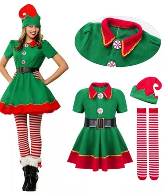 Adults Kids Cosplay Christmas Elf Costume Fancy Dress Xmas Santa Helper Outfits