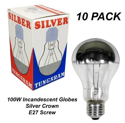 10 x 100W Silver Crown Light Globes Bulbs Lamp E27 Screw Incandescent Chrome Cap - Image 1 of 4
