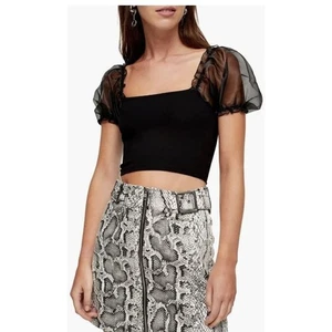 Topshop Women's Organza Puff Sleeve Cropped Ponte Top in Black Size 8 MSRP $79 - Picture 1 of 7