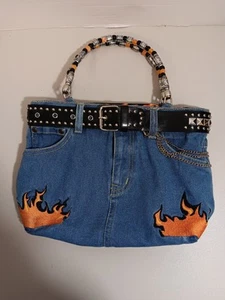 Borsa a mano MINGHAOS blu denim con cintura perline fiamme ricamo tasca - Foto 1 di 8