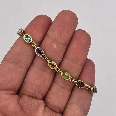 14k Solid Yellow Gold Natural Semi Precious Multicolor Gemstone Bracelet 7.25" - Image 1 of 4