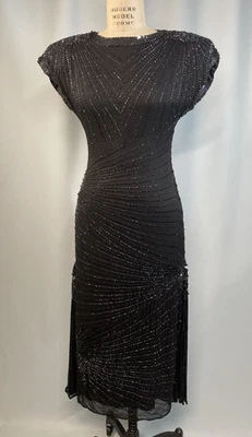 Vintage Formal Dress SIZE 8 SMALL black beaded PARA flapper 20s 80s 90s sheath - Image 1 of 4