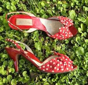 Vintage Sesto Meucci Slingback Rosso Fiocco Pois Peeptoe Tacchi Donna 7B - Foto 1 di 7