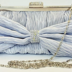 Silver Satin Pleated Bow Clutch Purse with Rhinestone Detail & Chain Strap - Picture 1 of 9