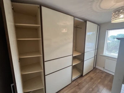 Cream High Gloss Wardrobes With Oak Trim, - Image 1 of 3