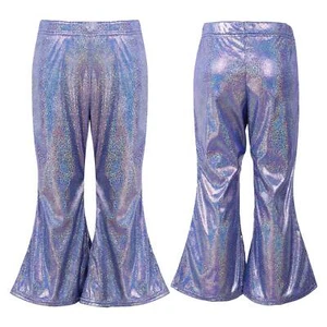 Girl Pant Shiny Metallic Flare Dance Pants Hippie Bell Bottom Wide Leg Dancewear - Picture 1 of 87