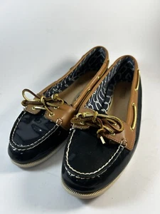 SPERRY Sz 9 Top-Sider Navy Blue And Brown Boat Shoe Patent Leather Lace Up - Picture 1 of 7