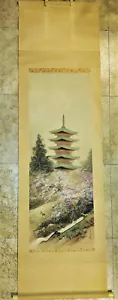 Alter chinesischer vertikaler Schriftrolle Malstrom, blühender Kirschbaum, Hirsch & Pagode - Bild 1 von 13