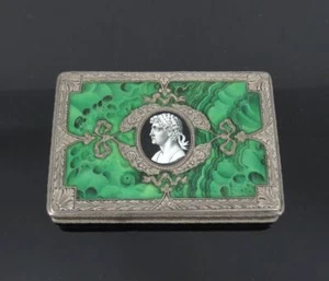 Antique Painted Enamel Medallion & decorated Sterling Silver Compact Box - Picture 1 of 6