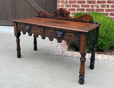 Antique English Window Seat Bed Bench Gothic Revival Carved Oak 2 Drawers c.1900 - Image 1 of 4