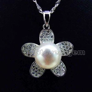 11-13mm White Flat Round Pearl & silver Flower Pendant 16" silver Necklace-6117 - Picture 1 of 7