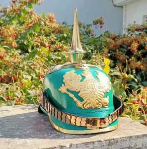 Leather Prussian Pickelhaube Helmet Green Spiked German Replica - Picture 1 of 14