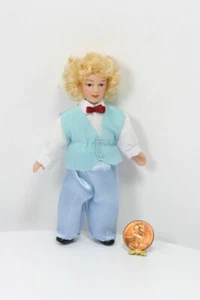 Dollhouse Miniature Blonde Boy Doll in a Blue Outfit with Red Bow Tie - Picture 1 of 1