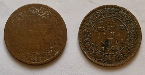 Two Indian coins 1/4 Anna 1862 Copper Victoria 1908 Bronze Edward VII Cover
