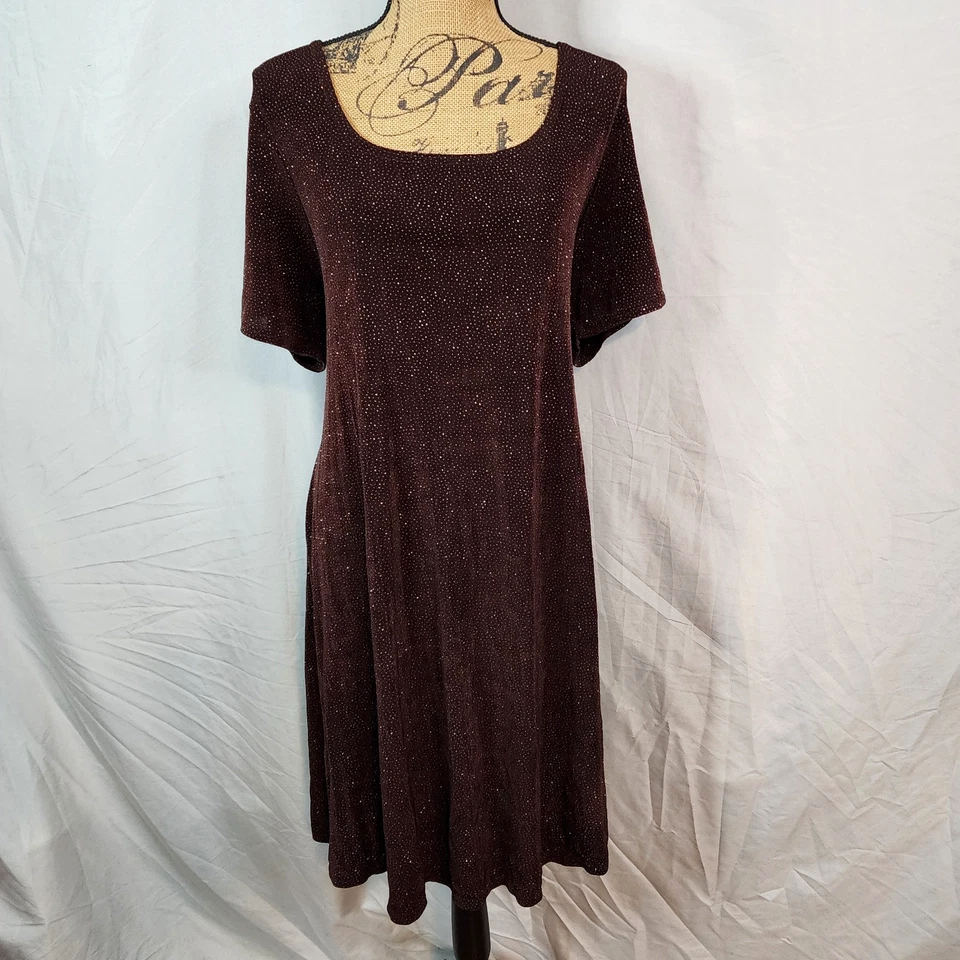 USA Vintage ASHLEY STEWART Size 24 Brown Ribbed Stretch Knit Glitter Dot Dress - Image 1 of 4
