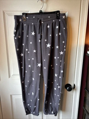 Old Navy Plush Fleece Sleep/Lounge PJ Pants L White Gray Stars,Tie Waist Cozy - Image 1 of 4