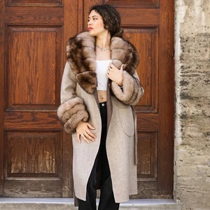 Beige Long Alpaca Coat with Fox Fur Trim - Women’s Luxury Winter Coat - Limited - Picture 1 of 9