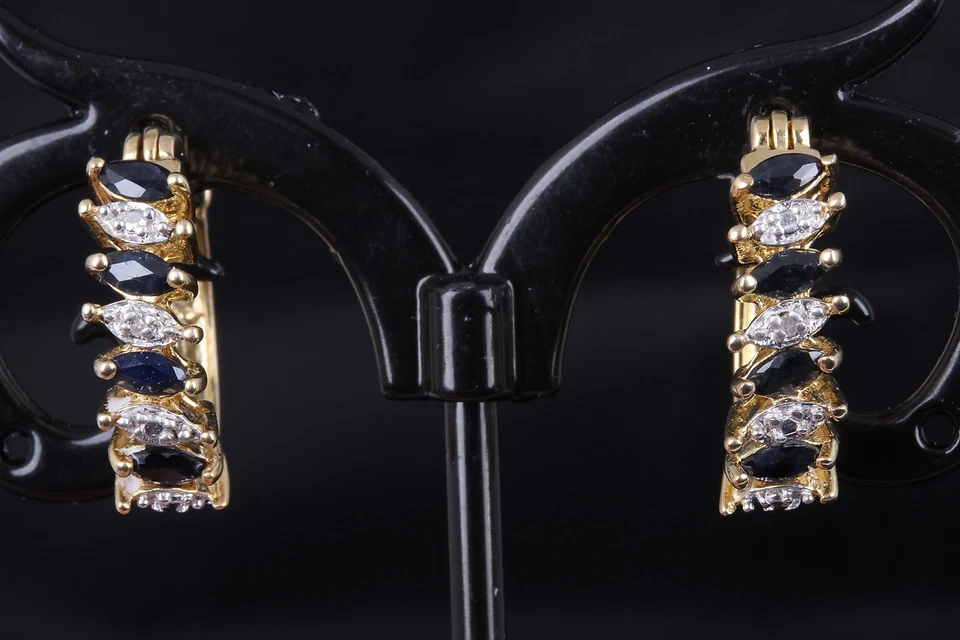 PENDIENTES ORO SOBRE PLATA ESTERLINA DIAMANTES ZAFIROS AZUL OSCURO FIRMADOS 925 8062 Foto 1 de 3