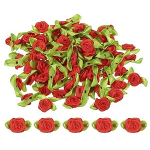 Mini Ribbon Roses 100 Pcs Tiny Satin Fabric Flowers with Green Leaves Embelli... - Picture 1 of 5