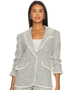 NWT- Cinq à Sept 'Khloe' Fringe-Trim Box-Tweed Blazer, Navy Blue/White - Size 16 - Picture 1 of 4