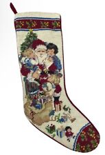 Vintage Christmas Stocking Wool Embroidered Santa Claus Red Velvet Backing Toys