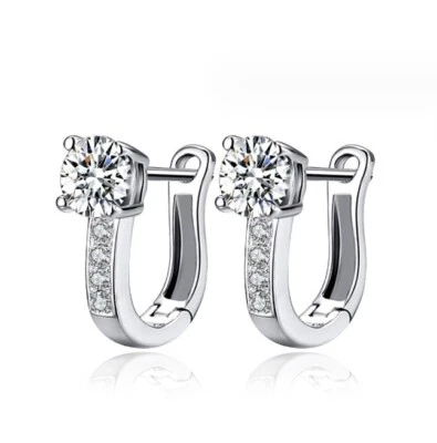 925 Placcato Argento Forma a U Cristallo Lucente Orecchio Cuore Idea Regalo - Immagine 1 di 4