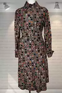 Vintage Op Art Belted Dagger Collar Shirt Waist Dress Deep Cuffs HORROCKSES - Picture 1 of 4
