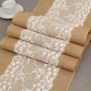 Vintage Natur Jute Tischläufer Juteband Tischband mit Spitze Hochzeit Party Deko - Bild 1 von 9