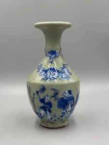 Antique 19th c Chinese God of Wealth UNDERGLAZE BLUE CELADON GLAZED Vase 8 3/4" - Picture 1 of 14