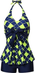 NWT • 2-Piece Tankini Swimsuit • Halter Bathing Suit Top + Navy Boy Short • XL - Picture 1 of 18