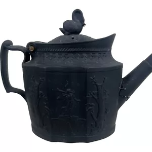 Antique Late 18th Early 19th Cen Black Basalt Teapot Swan Finial Make Do Repairs - Picture 1 of 19