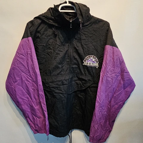 Vtg Colorado Rockies MLB BASEBALL Hooded Windbreaker Team Dugout Jacket Mens XL Cover