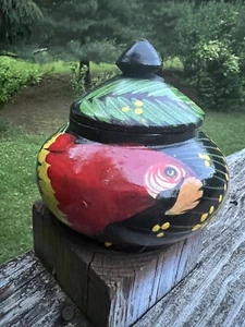 Hand Painted Wood Lacquer Bowl with Lid Parrot Trinket Dish Tropical Box - Picture 1 of 12