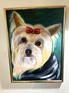 Yorkie Hund Portrait 24 x 18 grüner Hintergrund unsigniert auf Leinwand Galerie Wand - Bild 1 von 10
