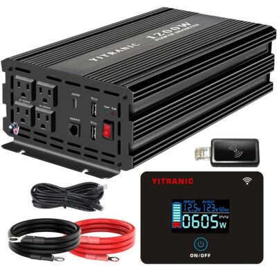 Power Inverter Pure Sine Wave 1200 Watt 2400W DC 12V to AC 110V LCD Remote RV - Image 1 of 4