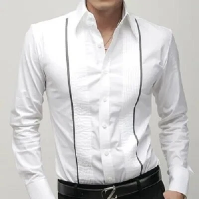 男式礼服衬衫长袖吊带豪华休闲修身豪华衬衫上衣 — 第 1/4 张图片