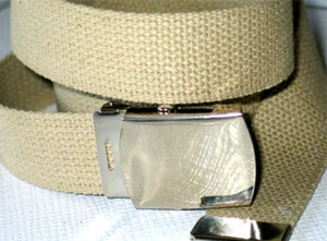 Canvas TAN 34" x 1 1/4" Military Army Style WEB Fabric Belt SILVER METAL Buckle - Picture 1 of 3
