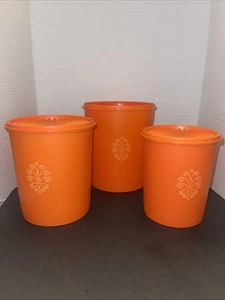 VTG Old New Stock 1970’s Tupperware Harvest Orange Canister Set 3 Pcs 2 Lids - Picture 1 of 7